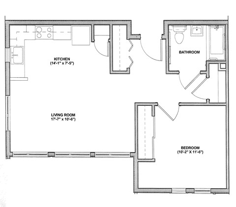 Floor plan for 1 bed, 1 bath, 638 sqft